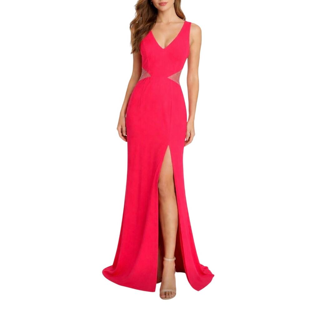 Aidan Mattox Hot Pink Backless V-Neck Gown with Thigh Slit